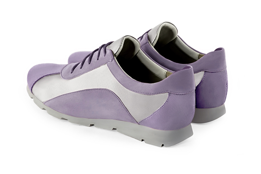 Lilac purple and light silver women's three-tone elegant sneakers. Round toe. Flat rubber soles. Rear view - Florence KOOIJMAN